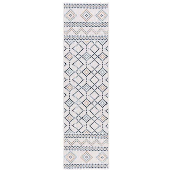 Courtyard Ivory/Navy Yellow 2 ft. x 8 ft. Geometric Modern Indoor/Outdoor Runner Rug