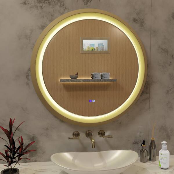 Fab Glass and Mirror 32 in. x 32 in. Modern Round Gold Framed Decorative LED Mirror Wall Mounted Anti-Fog and Dimmer Touch Sensor