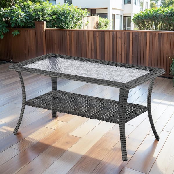 Gray Rectangle Wicker Outdoor Side Table with Tempered Glass Top and Storage Space
