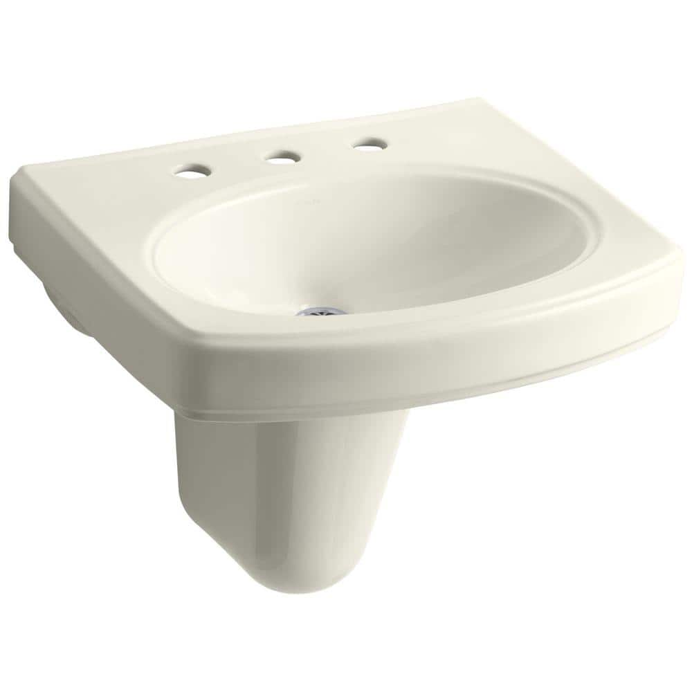 Kohler Pinoir Wall Mount Vitreous China Bathroom Sink With Centers In Biscuit With Overflow Drain K 2035 8 96 The Home Depot