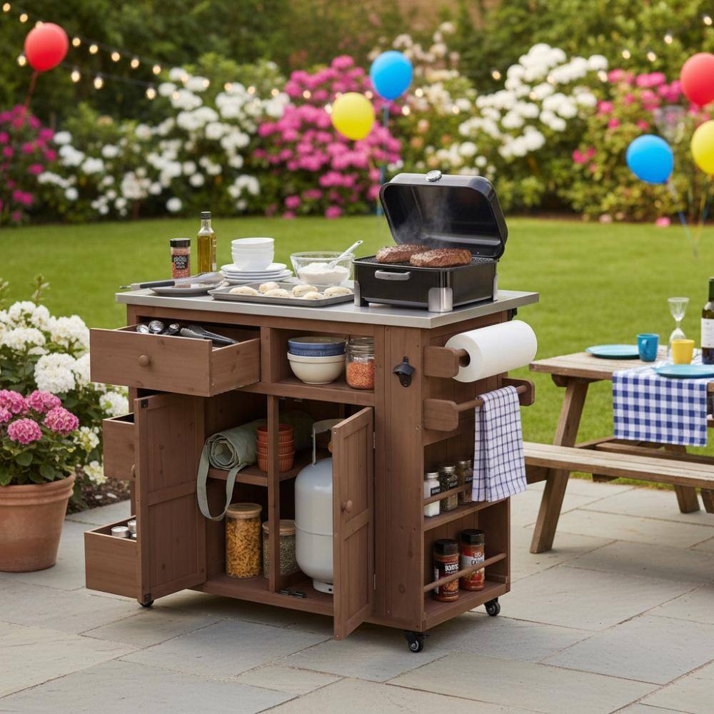 Brown Outdoor Solid Wood Extendable Kitchen Cart with Steel Top and Wheels for Backyard, BBQ price history on PriceWatchPro