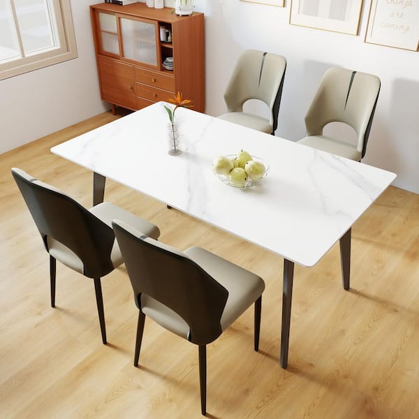 Magic Home 63 in. White Sintered Stone with Black Metal 4-Legs