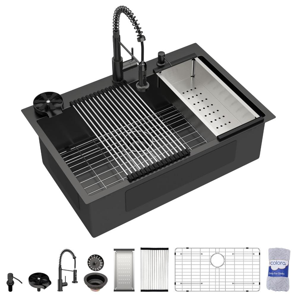 "36"" Drop-In Workstation Black Kitchen Sink with Faucet Combo, 16 Gauge 304 Stainless Steel Nano-PVD Single Bowl Sink" price history on PriceWatchPro