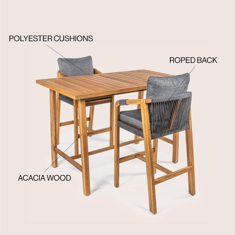 Gray and Teak Brown Acacia Wood 3-Piece Outdoor Bar Set
