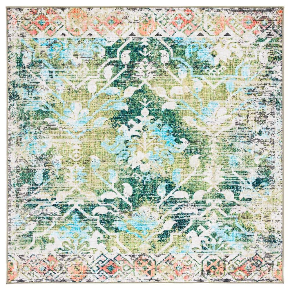 SAFAVIEH Riviera Green/Light Blue 7 ft. x 7 ft. Machine Washable Floral ...