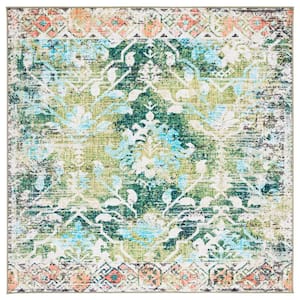 Riviera Green/Light Blue 7 ft. x 7 ft. Machine Washable Floral Geometric Square Area Rug