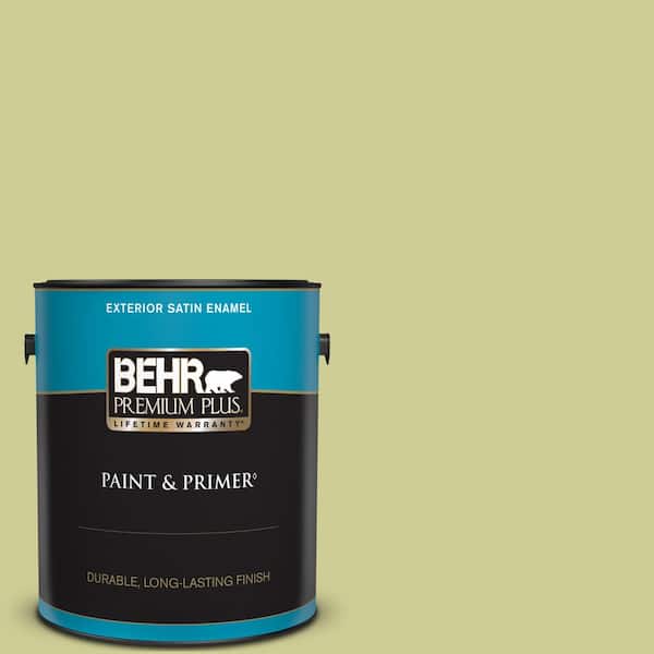 BEHR PREMIUM PLUS 1 gal. #400D-4 Corn Husk Green Satin Enamel Exterior Paint & Primer