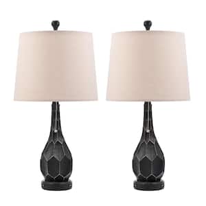 26 in. Rustic Black Table Lamp with USB Charging Ports and Fabric Drum Shades