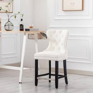 Harper 24 in. High Back Nail Head Trim Button Tufted Cream Velvet Counter Stool with Solid Wood Frame in Black