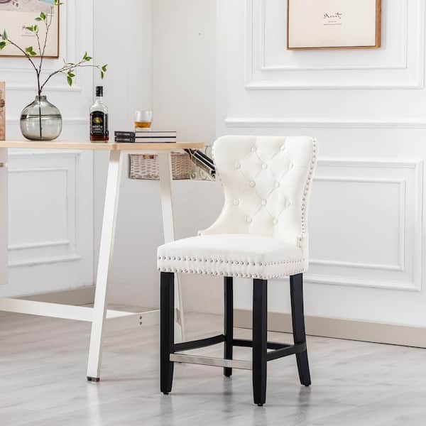 Harper 24 in. High Back Nail Head Trim Button Tufted Cream Velvet Counter Stool with Solid Wood Frame in Black