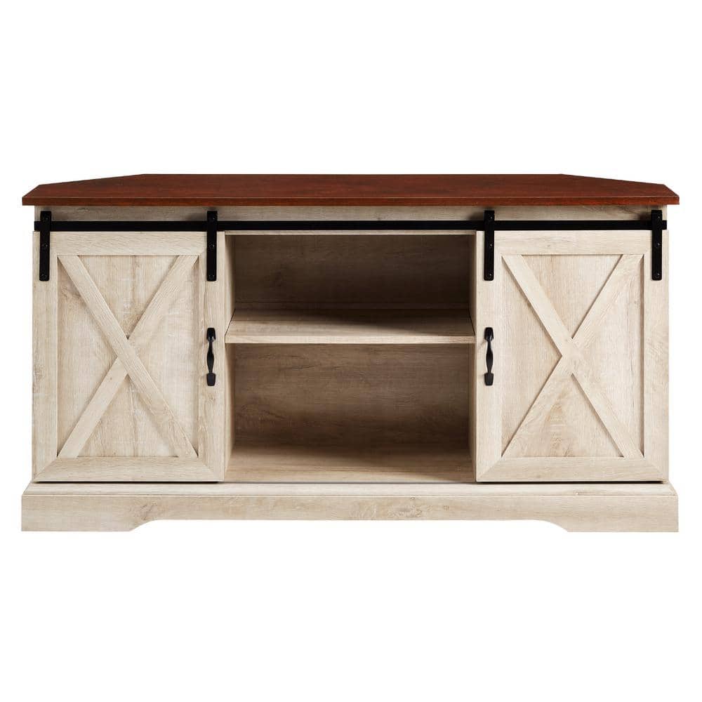 Traditional Brown and White Oak Corner TV Stand with Sliding Barn Doors