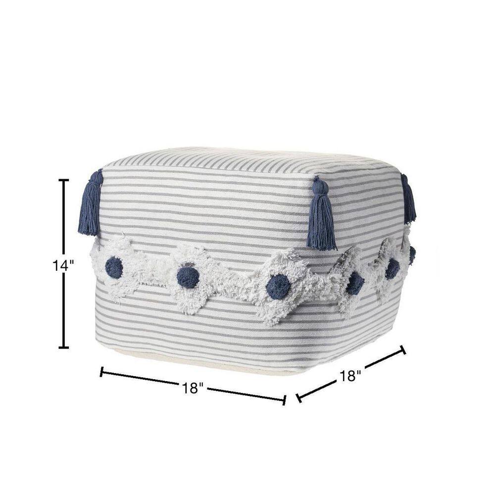 Gray and Ivory Striped Tufted Cotton Pouf Ottoman, 18"x18"x14"