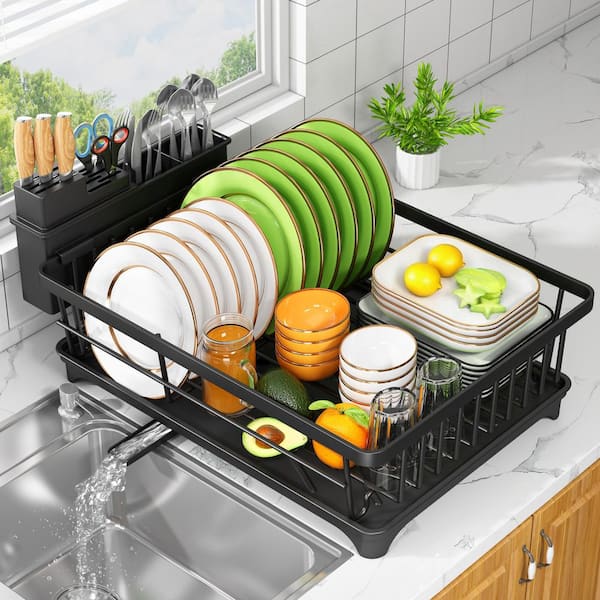 15.2 in. x 11.2 in. Black Rust Resistant Dish Drying Rack, Small Standing Dish Rack with Utensil Holder