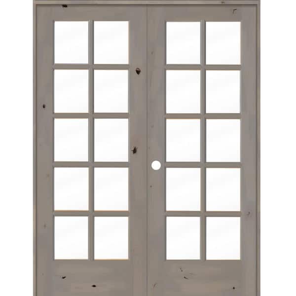 Krosswood Doors 64 in. x 80 in. Knotty Alder Right-Handed 10-Lite Clear Glass Grey Stain Wood Double Prehung French Door