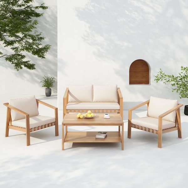 Trudy 4-Piece Solid Wood and Rope Weave Outdoor Patio Conversation Set with Beige Cushions, Light Teak Finish