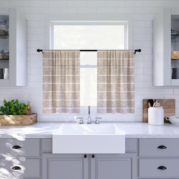 Aso Twill Stripe Linen Blend 52 in. W x 36 in. L Sheer Rod Pocket Kitchen Curtain Tier Pair in White/Linen