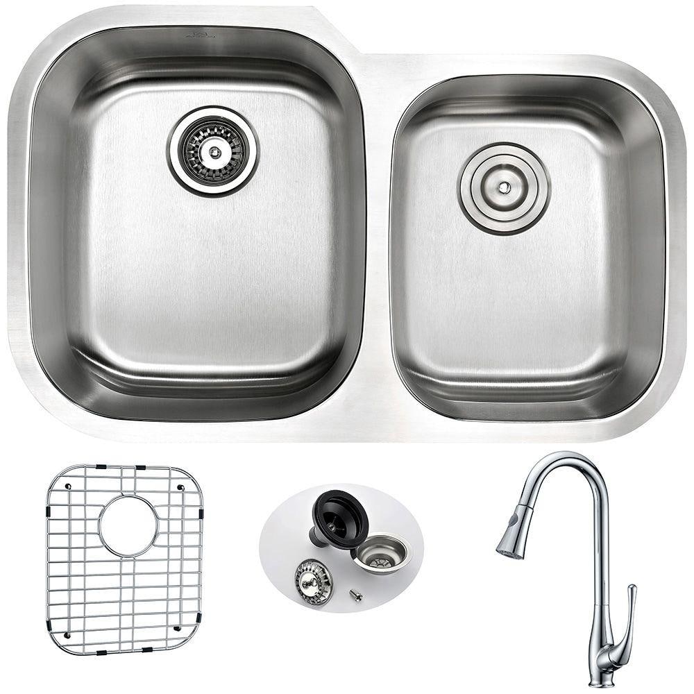 MOORE Undermount Stainless Steel 32 in. Double Bowl Kitchen Sink and Faucet