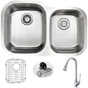 MOORE Undermount Stainless Steel 32 in. Double Bowl Kitchen Sink and Faucet Set with Singer Faucet in Brushed Satin