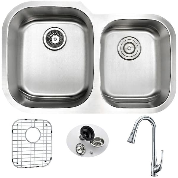 ANZZI MOORE Undermount Stainless Steel 32 in. Double Bowl Kitchen Sink and Faucet Set with Singer Faucet in Brushed Satin