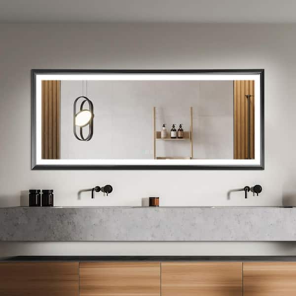 HBEZON Metis 72 in. W x 36 in. H Oversized Rectangular Aluminium Framed Dimmable Anti-Fog Wall Bathroom Vanity Mirror in Black