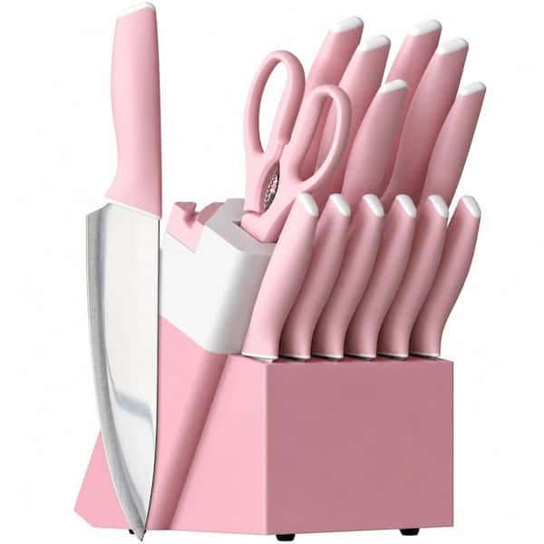 15-Piece Pink German Stainless Steel Kitchen Knife Set with Block and Sharpener, Ceramic Coating