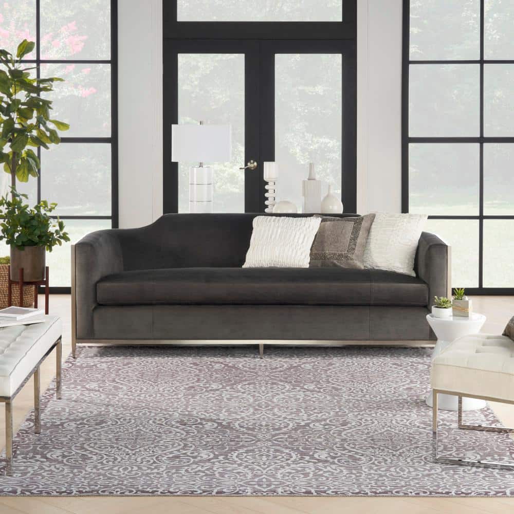 Stone Gray Damask Washable Chenille Area Rug 7'10" x 9'10"
