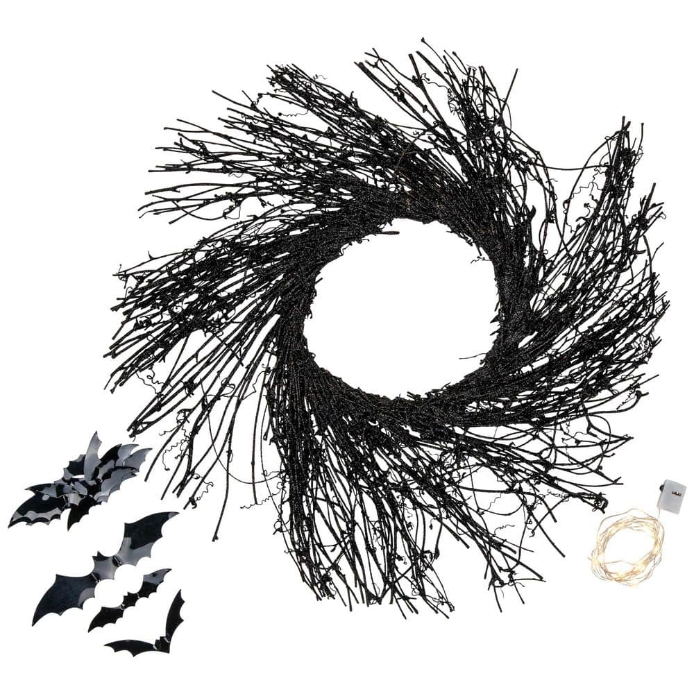 22 in. Lighted Twig Halloween Wreath with Bats-Warm White LED Lights-Black