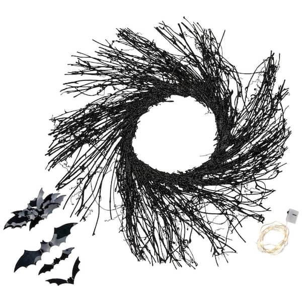 22 in. Lighted Twig Halloween Wreath with Bats-Warm White LED Lights-Black