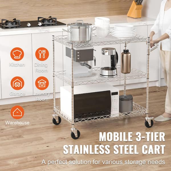 3-Tier Kitchen Cart, 661 lbs. Capacity, Steel Service Trolley with 3.15 in. Deep Basket, Curved Handle and 6-Hooks