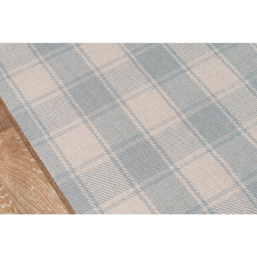 Light Blue and Ivory Handwoven Wool Plaid Area Rug 5' x 8'