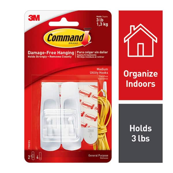 Command 3 lbs. Medium White Utility Hooks (2-Hooks, 4-Strips)