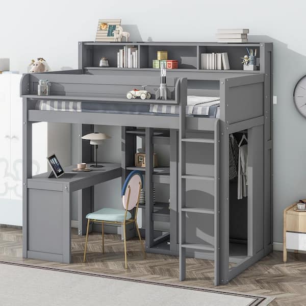 Harper & Bright Designs Gray Twin Size Wood Loft Bed with Wardrobe,  Built-in Desk, Multiple Shelves, Bedside Storage Shelves QHS324AAE