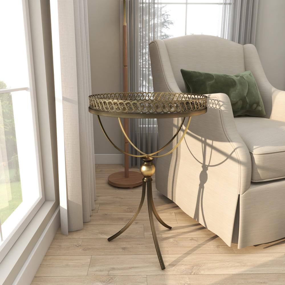 Gold Brass Round Metal and Glass Accent Table