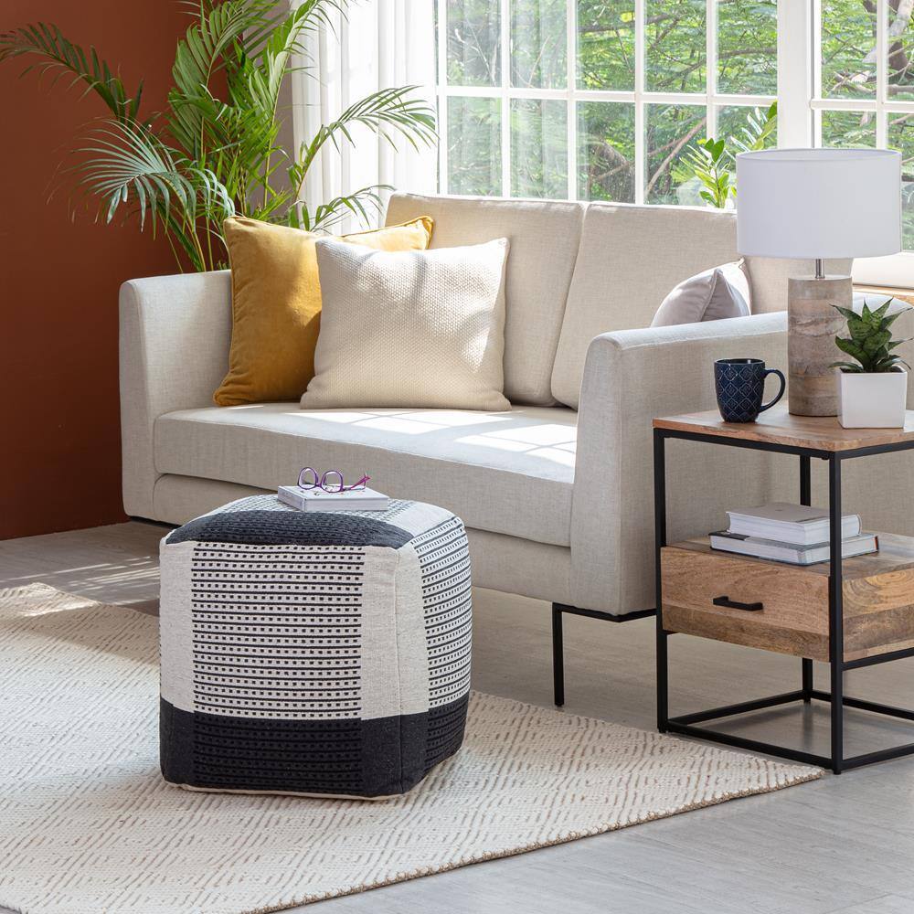 Black and Ivory Square Cotton Pouf Ottoman