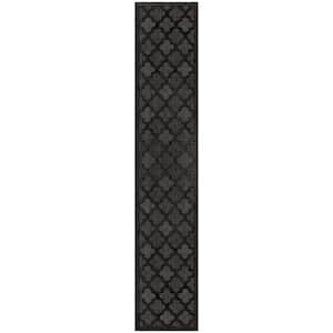 Easy Care Charcoal Black 2 ft. x 12 ft. Trellis Contemporary Runner Area Rug