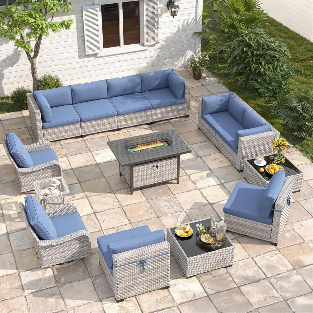 14-Piece Wicker Outdoor Patio Conversation Seating Set with Navy Cushions & 55,000 BTU Fire Pit Table price history on PriceWatchPro