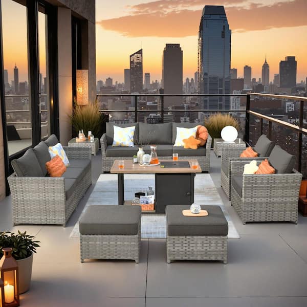 Toject Eufaula Gray 13-Piece Wicker Modern Outdoor Patio Conversation Sofa Set with a Storage Fire Pit and Black Cushions