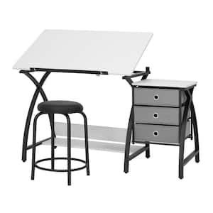 50 in. 2-Piece Rectangular Black Comet Center Plus Writing Desk with Adjustable Top, 3-Pull-Out Drawers and Stool Black