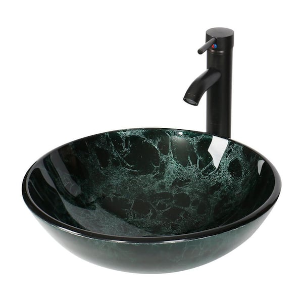 Tahanbath 16.5 in.W Glass Basin Bowl ORB Faucet Pop up Drain Bathroom Vessel Sink Set in Green