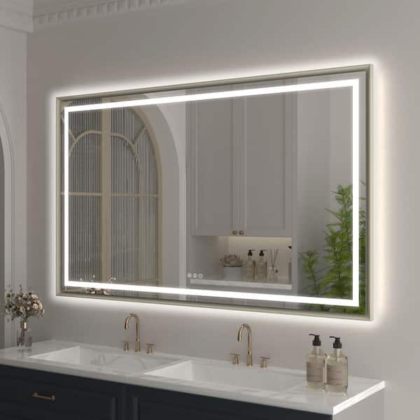 Hpeytaire 60 in. W x 36 in. H Rectangular Framed Aluminum Slope Backlit Front Light Wall LED Bathroom Vanity Mirror in Champ Gold