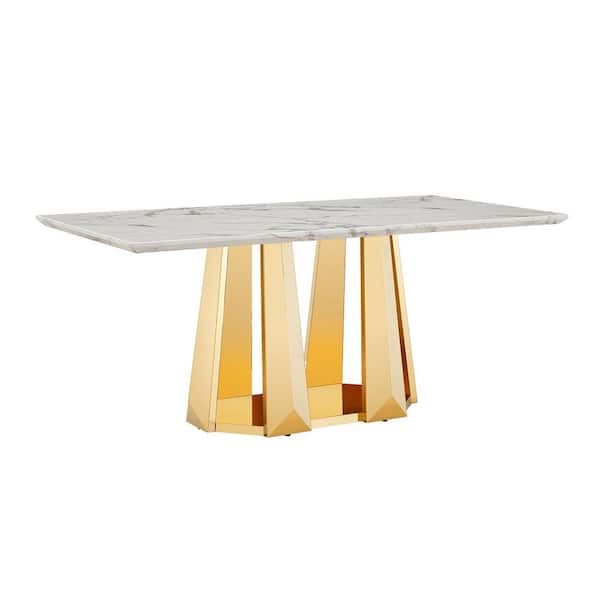 Honoria Gold + White Faux Marble 70.08 in. Pedestal Rectangle Dining Table Seats 6 with Stainless Steel Base