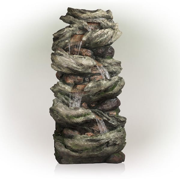 Alpine Corporation 81 in. Tall Outdoor 6-Tier Ancient Willow Water Floor Fountain with LED Lights