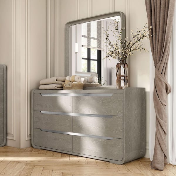 Furniture of America Wilter Light Gray 6-Drawer 66 in. Dresser with Mirror with Rounded Edges and Nickel Finish Stainless Steel Trim