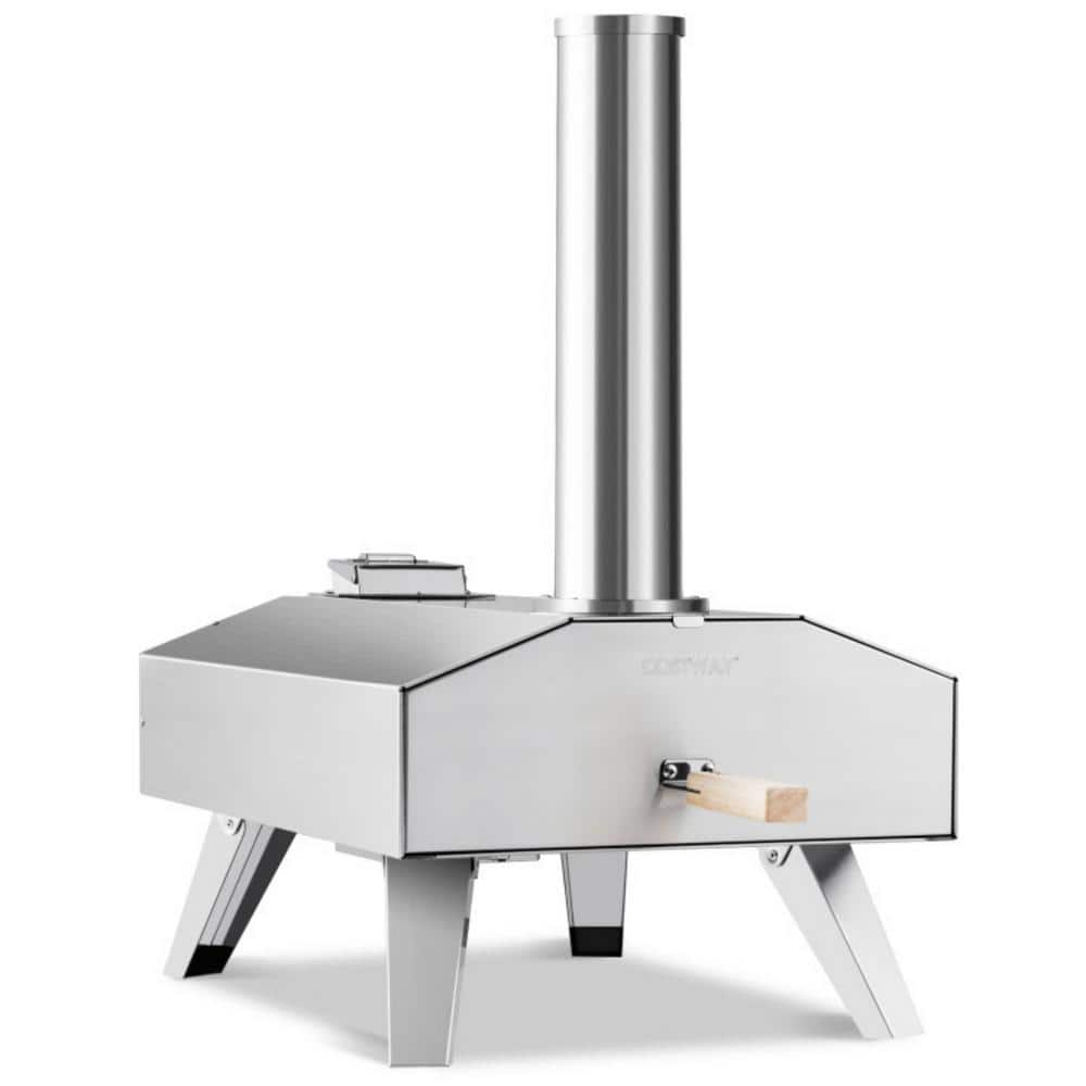 Clihome 14 in. Wood Burning Portable Stainless Steel Outdoor Pizza Oven w 12 in. Pizza Stone&Max Temperature 860Â°F for Camping, Silver