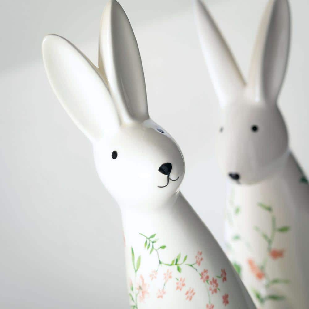 White Ceramic Floral Bunny Figurine Set, 12" and 9"