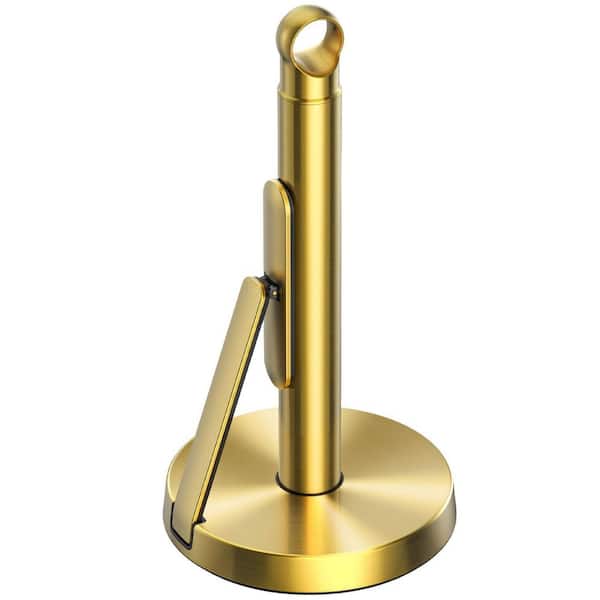 Heavy-Duty Stainless Steel Paper Towel Holder with Tension Arm, Modern Standing Countertop Dispenser for Kitchen, Gold