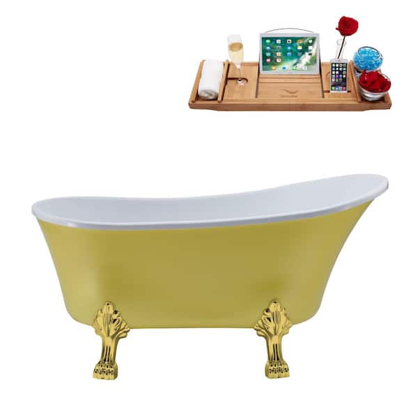 Streamline 55 in. x 26.8 in. Acrylic Clawfoot Soaking Bathtub in Matte Yellow with Polished Gold Clawfeet and Matte Pink Drain