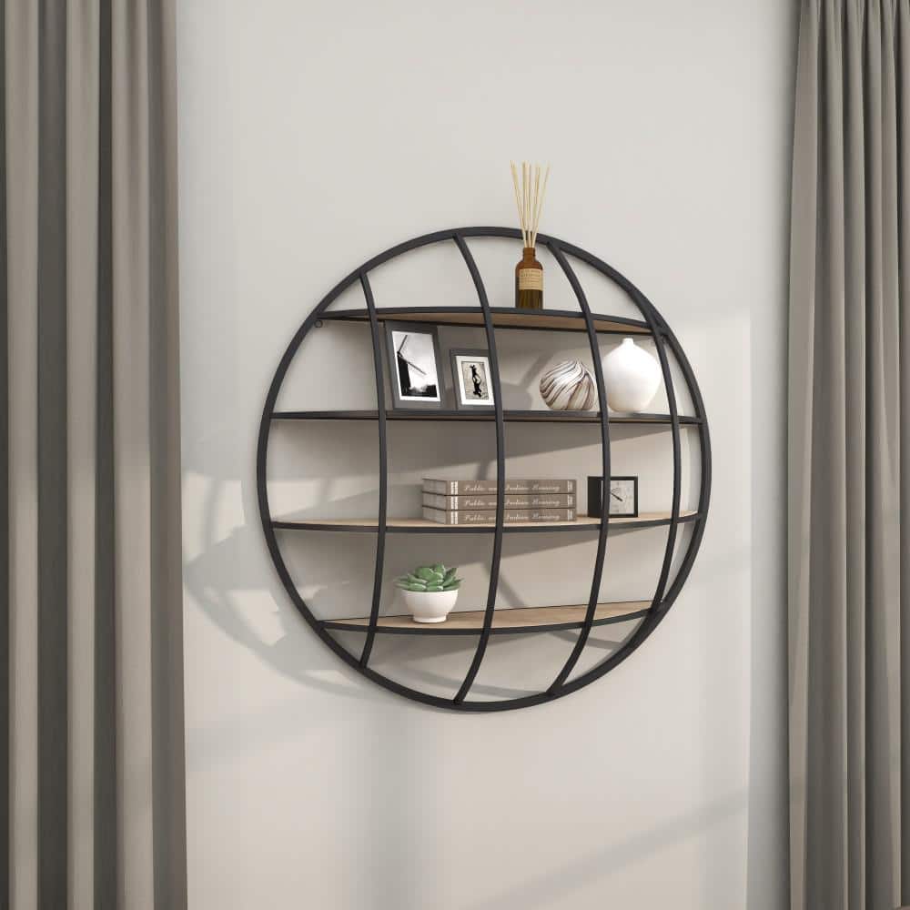 Rustic Iron and Wood 36" Geometric Round Floating Wall Shelf