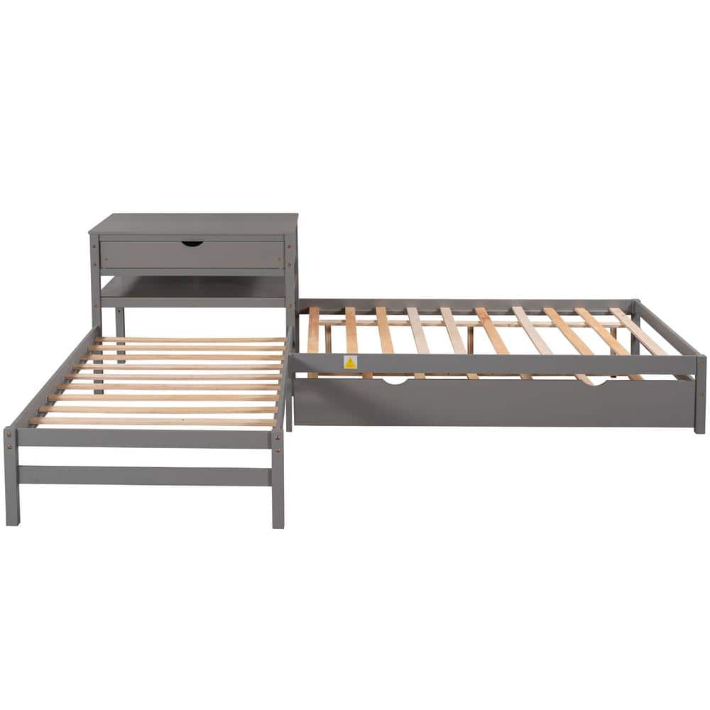 Gray L-Shaped Full Size and Twin Size Platform Beds with Built Rectangle Ta