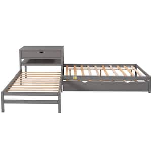Gray L-Shaped Full Size and Twin Size Platform Beds with Built Rectangle Table